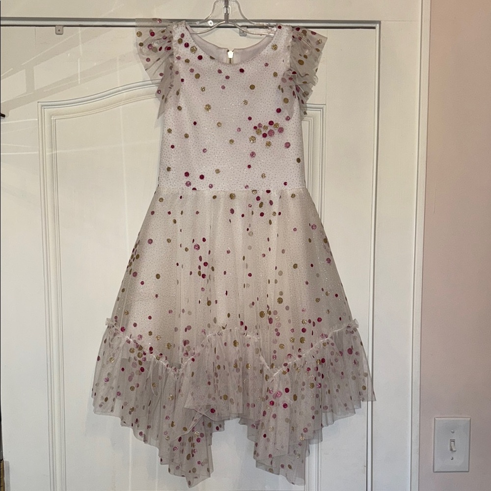 Girls' White Dress with Pink and Gold Polka Dots